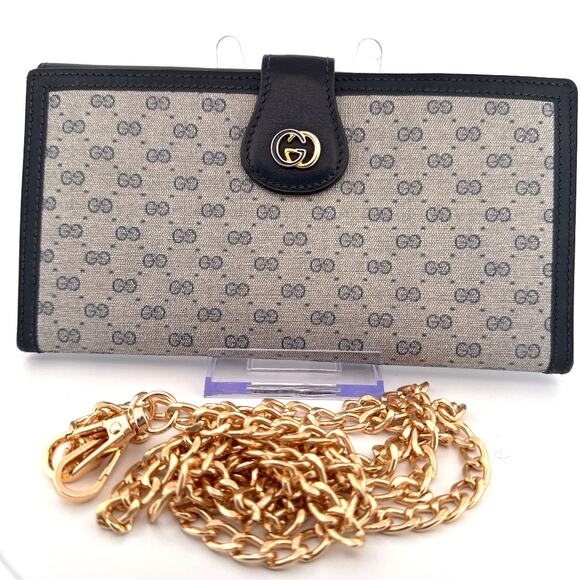 Gucci Beige GG Canvas Wallet with Black Leather Trim & Gold Chain - Picture 1 of 4